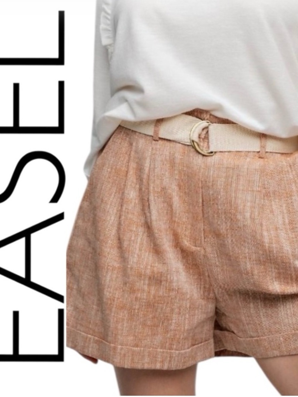 Easel High-Waist Linen-Blend Shorts with Belt in Cappuccino Color_Sz Large_NWT